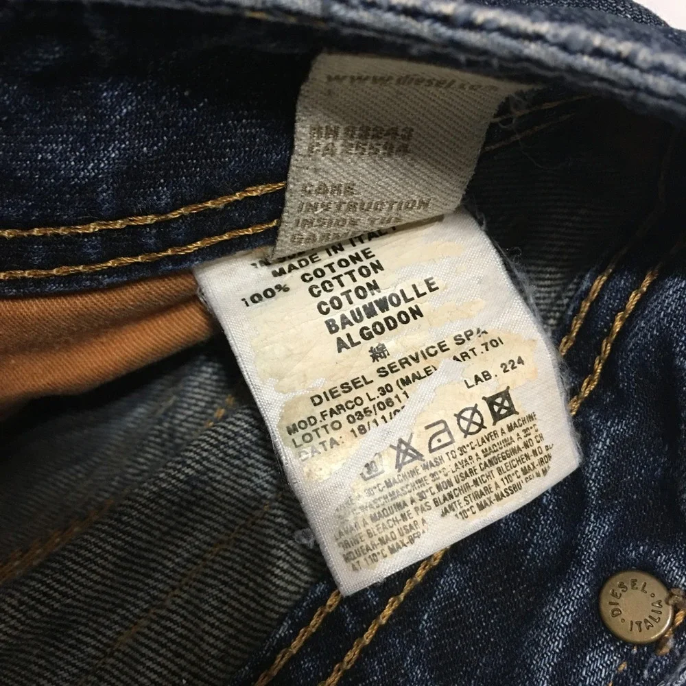 Diesel Farco Jeans Mens 34 Blue Straight Leg Zipper Pockets Distressed
